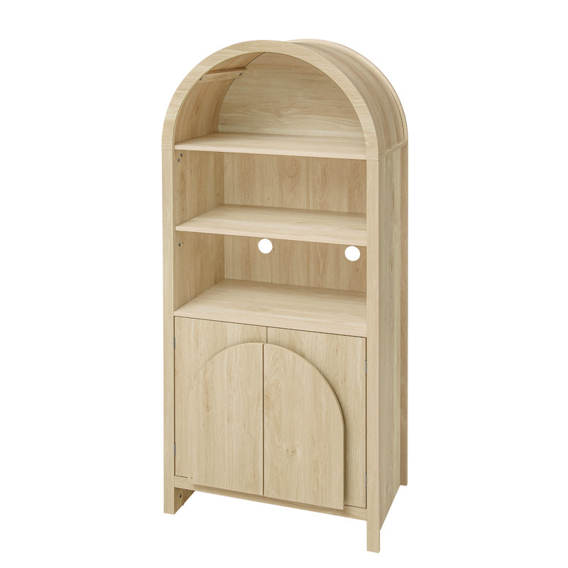 Armoire de cuisine arquée moderne, étagères réglables, finition en bois naturel, poignée en forme d'éventail, accessoires d'ancrage mural, gestion des câbles, patins de protection du sol, profondeur de 30,58 po, largeur de 15,21 po,