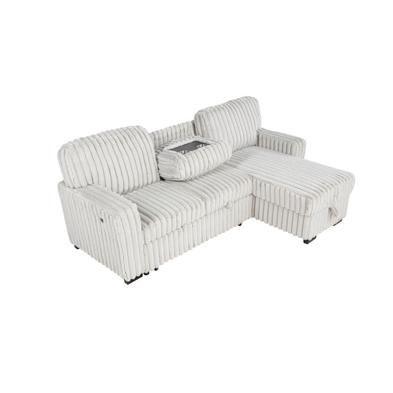 2 Piece Corduroy Sectional With Pull Out Sleeper Sofa Bed And Reversible Storage Chaise, Beige Corduroy