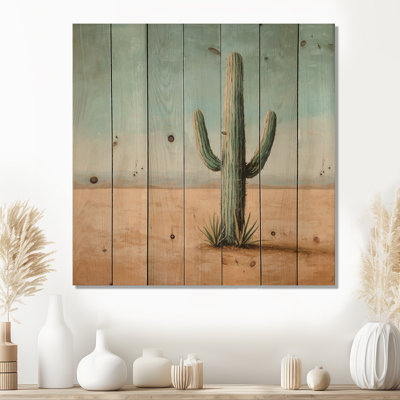 Cactus In The Desert III - Floral Cactus Wood Wall Art - On Natural Pine Wood