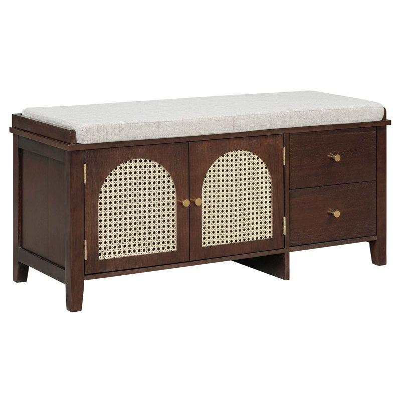Banc de rangement avec 2 tiroirs et 2 portes en rotin pour l'entrée, la chambre à coucher et le salon, Espresso