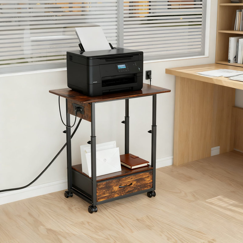 Mobile Printer Stand With Charging Station, 2-Tier Adjustable Height Printer Cart With Power Outlets, USB & Type-C Ports, Fabric Storage Drawer And Locking Wheels For Home Office