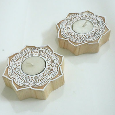  Handcrafted Wooden Candle Block Natural Stained Finish for Tabletop & Home Décor-(Pack Of-8)