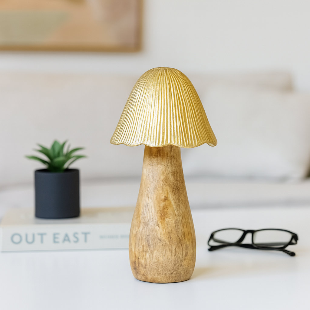 Gracelynne Mushroom Figurine Mango Wood and Aluminum Modern Sculptural Accent 8" Gold Metallic Finish for Home Office Living Room Bedroom Decor Loon Peak®