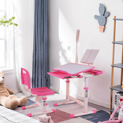 Desk For Kids Desk And Chair Set Kids Art Desk Drafting Table Desk Set With Adjustable Height, 40-Degree Tiltable Children Desktop, LED Light,Bookstand