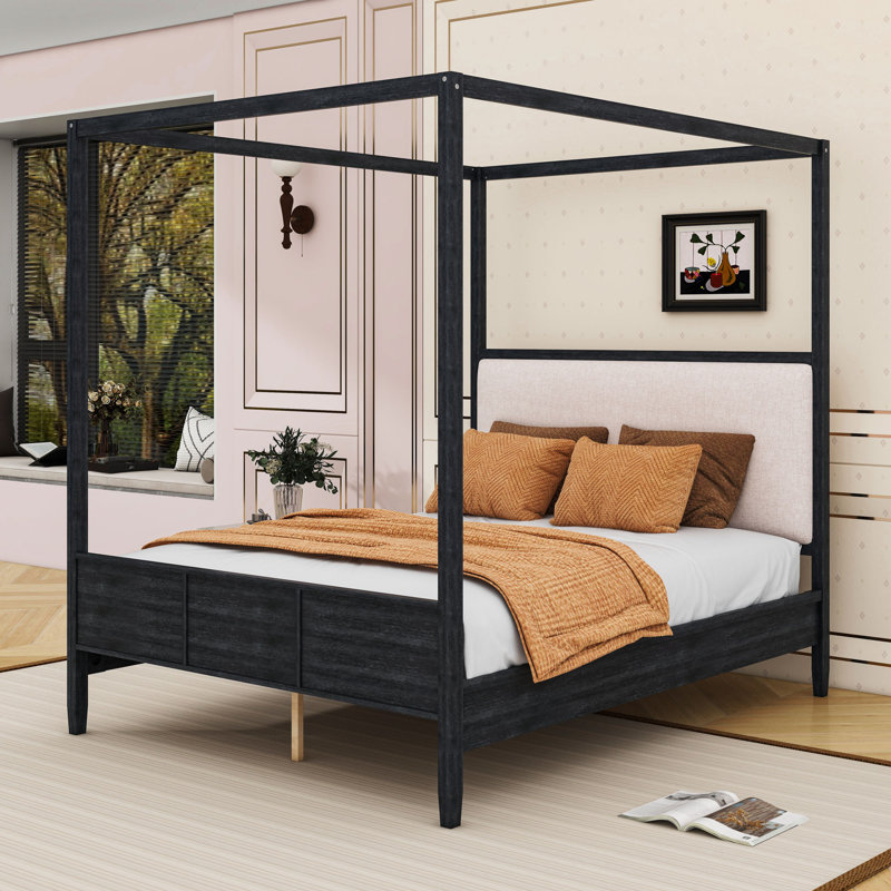 Lit plateforme à baldaquin en bois avec tête de lit tapissier, Noir, Grand lit