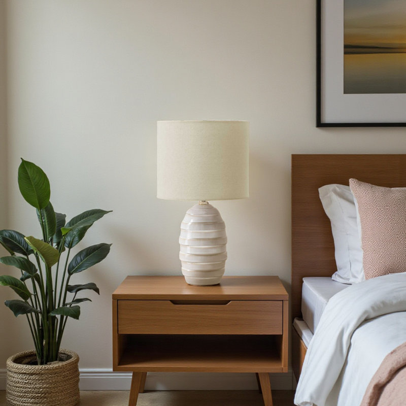 Ivory Table Lamp with Beige Shade and Ceramic Base, 16.86'' H X 9.37'' W X 9.37'' D