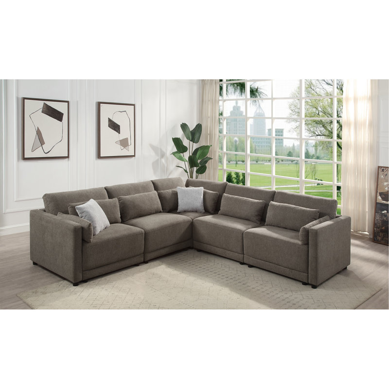 5 pièces canapé modulaire en lin brun avec coussins décoratifs