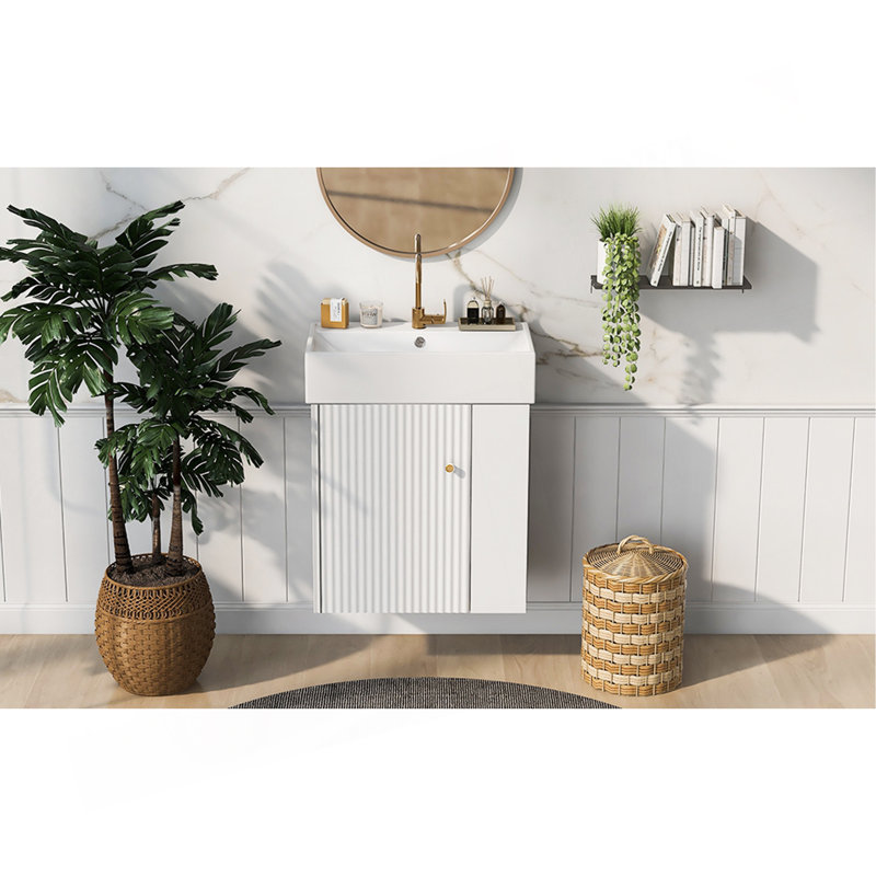 Meuble-lavabo moderne avec lavabo en céramique et porte à motif de vagues