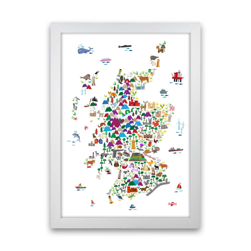 Animal Map Of Scotland Nursery by Michael Tompsett - Print, White Framed, 34cm H x 25cm W x 3cm D