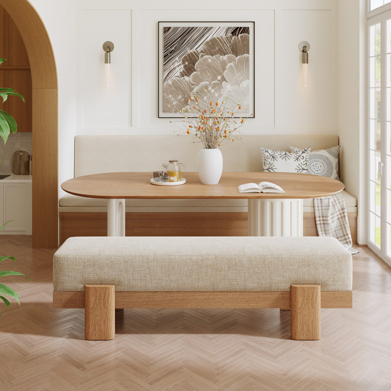 Linen Blend Upholstered Bench, Beige