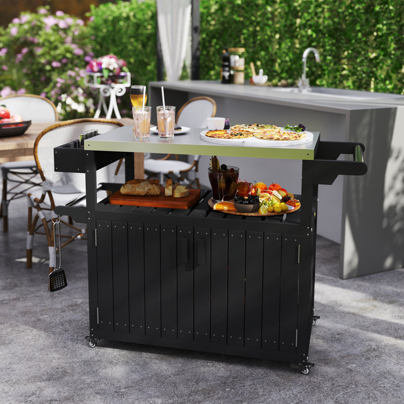 Outdoor Bar Cart with Storage Cabinet, Stainless Steel Top Kitchen Island on Wheels, HDPE Outdoor Bar Table, Movable Patio Beverage Food Prep Table for BBQ Picnic,wood