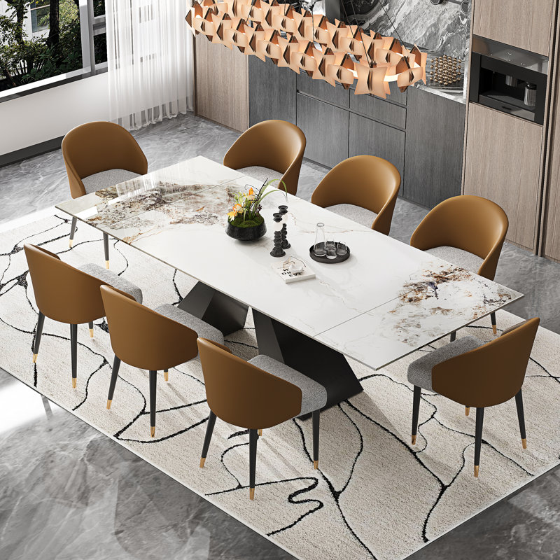 Ensemble de table de salle à manger moderne avec plateau en faux marbre extensible de 94,5 po et 8 chaises de salle à manger en similicuir