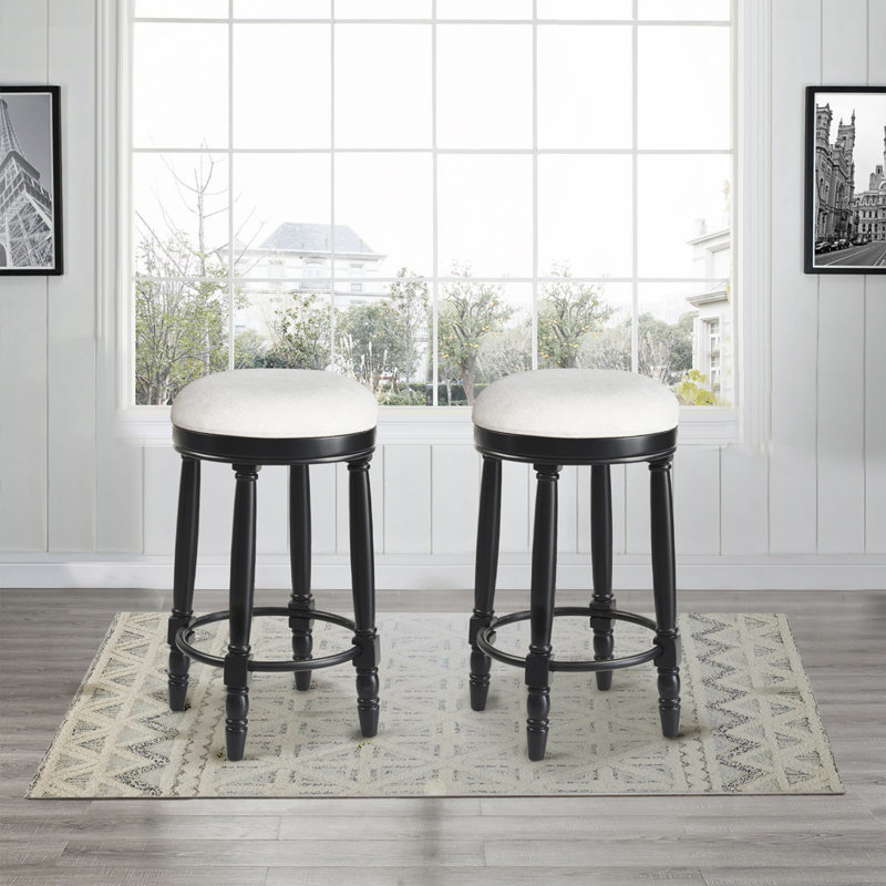 26" Counter Height, 360° Swivel Wooden Barstool, Beige Seat/ Black Frame