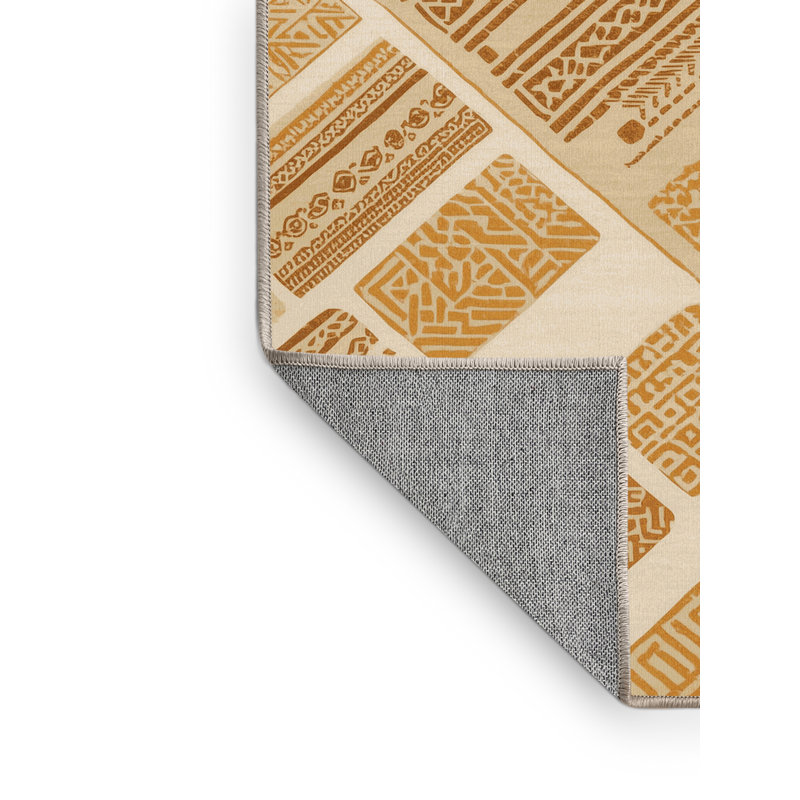Tapis lavable à la machine à motif de blocs d'inspiration mondiale en lin - beige, 4 x 6