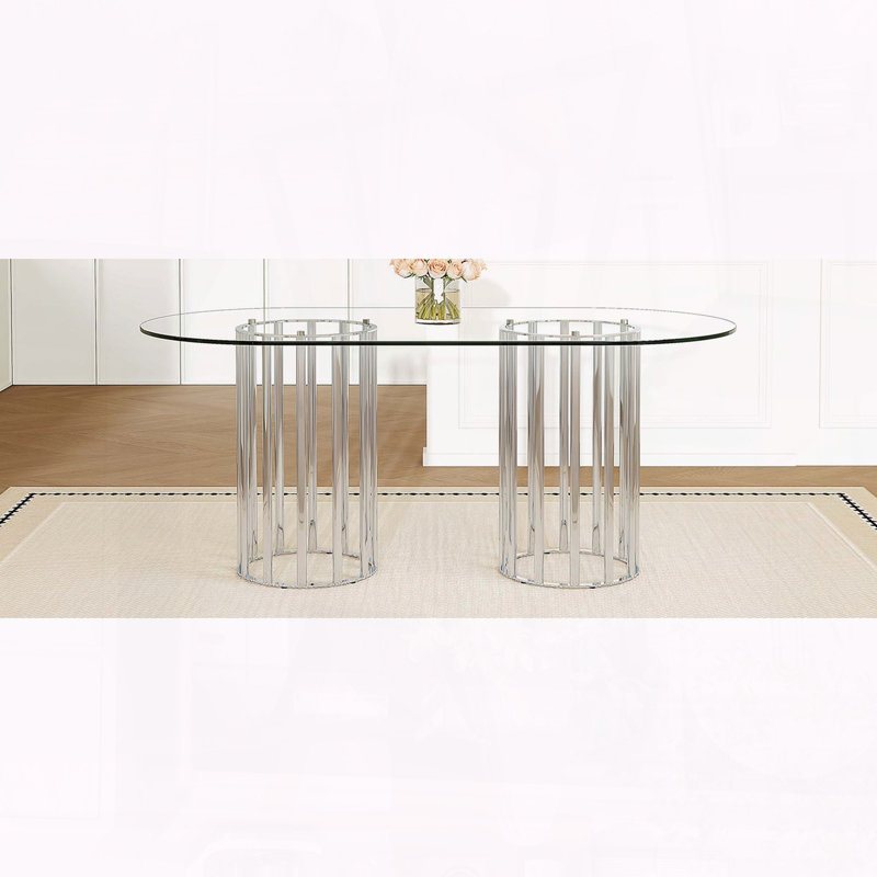 Table de salle à manger 71 "ovale en verre trempé - Base double colonne argentée, luxe clair, sièges 6-8, Argent