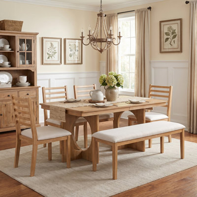 6-Piece Extendable Wood Dining Table Set for 6, Solid Wood Dining Set with 4 Ladder Back Chairs & 48" Upholstered Bench for Kitchen, Dining Room
