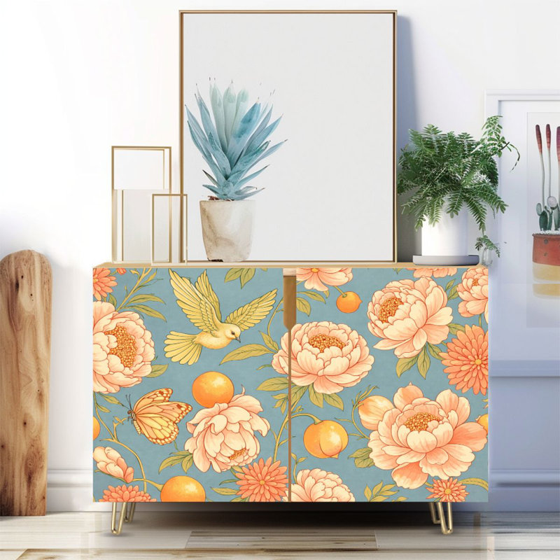 Buffet étroit de 35,4 po de largeur - armoire de rangement d'appoint à 2 portes avec ornements luxueux pour créer des imprimés en papier textile et des pieds en métal