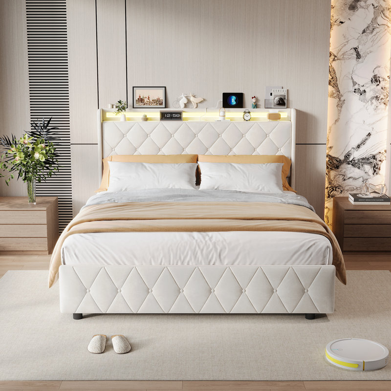 Upholstered Bed, European Double (140 x 200 cm), Beige