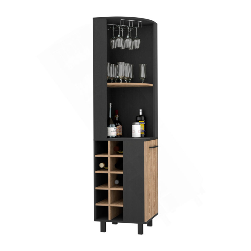 Armoire d'angle avec porte simple, deux tablettes, dix porte-bouteilles encastrés, deux tablettes intérieures, noir / pin