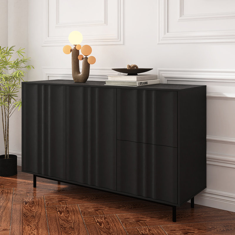 Buffet à motif de vagues avec 2 portes, 2 tiroirs et tablettes réglables, Noir, noir, noir, noir