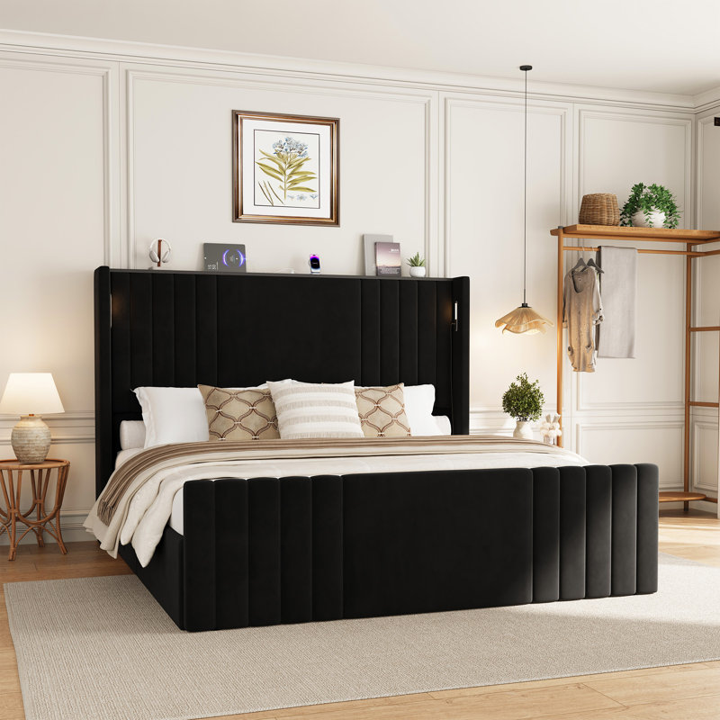 Velvet Upholstered Wingback Platform Bed, Black, Queen