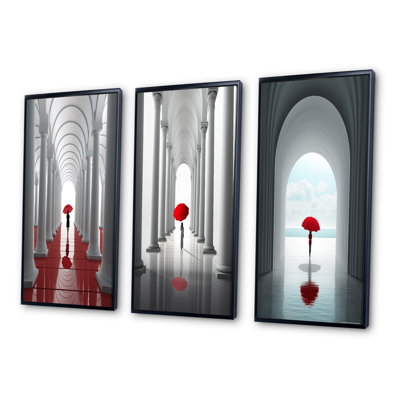 " The Red Umbrella Minimal Architecture II " 3 - Pieces on Canvas