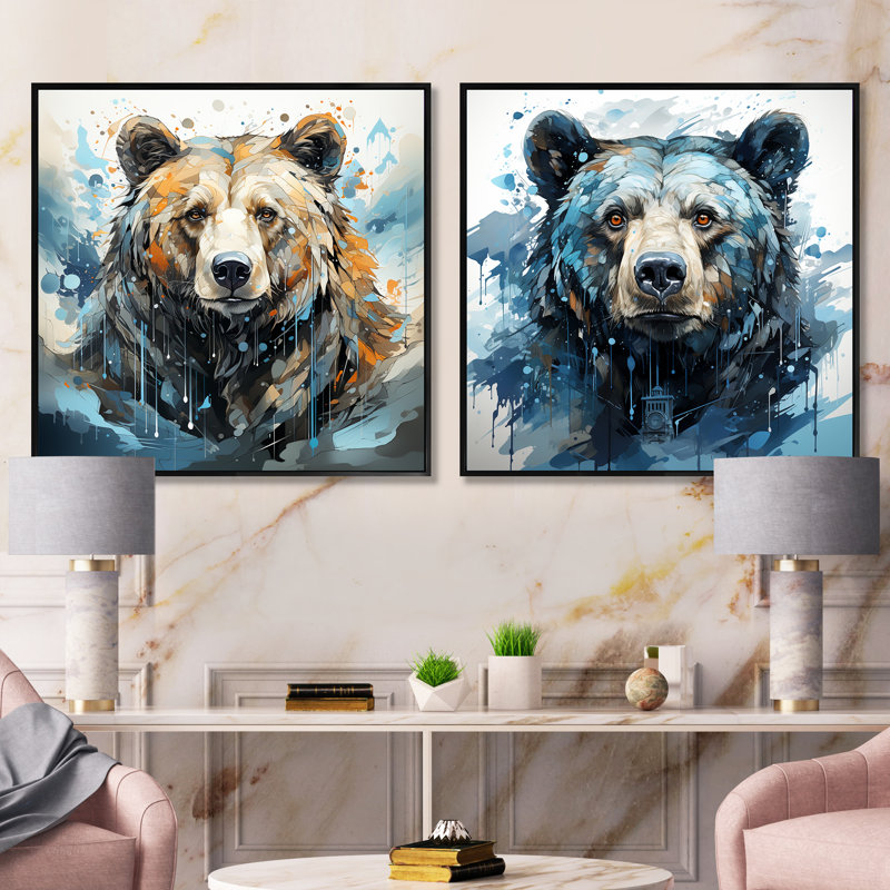Représentation abstraite d'un mouvement d'ours - ensemble de 2 animaux, Cadre flottant noir, H 16 po x l 33 po