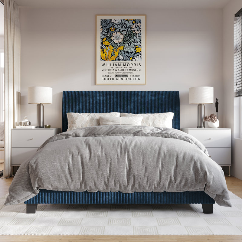 Pravesh Corduroy Upholstered Bed, Navy Blue, King