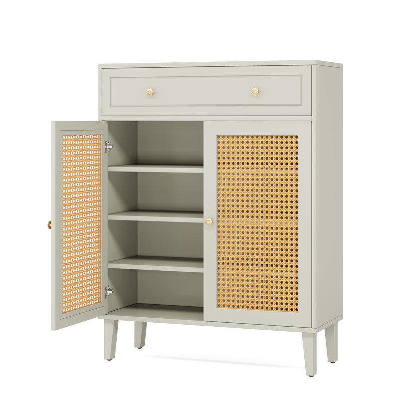Armoire à chaussures 31,49 po en bois vert menthe avec portes en rotin et tiroir, range-chaussures à 4 niveaux, armoire