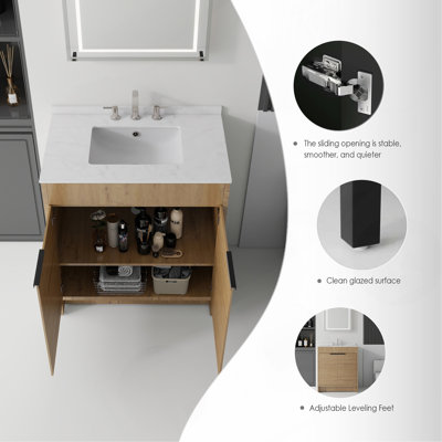 Meuble-lavabo autoportant de 30 po avec lavabo, porte à fermeture douce, comptoir et dosseret en marbre de culture blanc de Carrare de 0,6 po