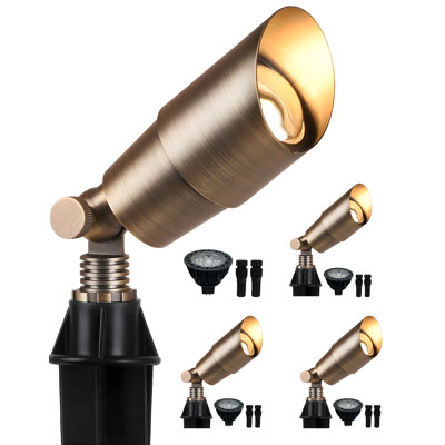 Paquet de 4 lumières de paysage en laiton massif à basse tension, ampoules DEL câblées 12v avec boîtier en aluminium Mr16, lumières d'extérieur imperméables robustes pour le jardin, la cour et les arbres