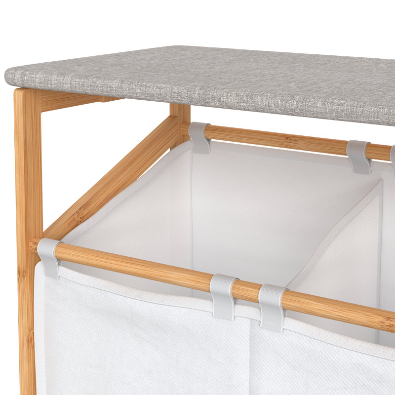 Natural Bamboo Dual Compartment Laundry Hamper with Ironing Board