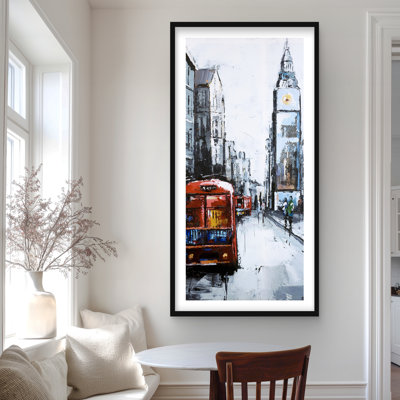 «Abstract London and Red Bus - Blue Cities», reproduction encadrée