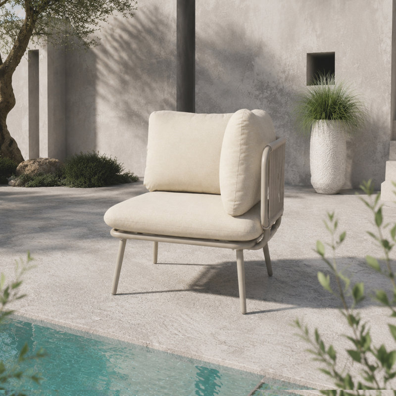 Fauteuil de coin modulaire, structure en métal, assise de patio moderne en corde
