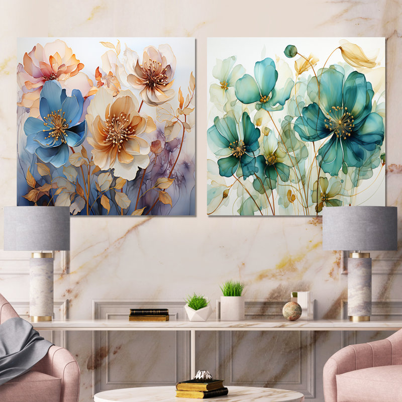 Coral Petal Symphony - ensemble de 2 collages carrés botaniques abstraits, Toile tendue, H 36 po x l 73 po
