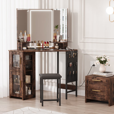 Corner Makeup Vanity with LED Mirror, Charging Station & Stool, Cabinet Storage for Bedroom