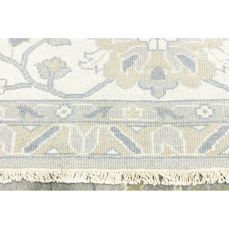 Floral Handmade Hand-Knotted Rectangle 11'10" x 14'10" Wool Area Rug in Cream
