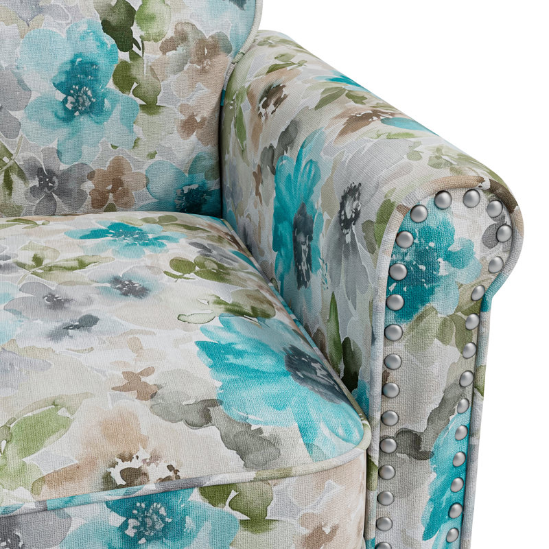 Chaise d'appoint Barnet en bleu pastel et floral gris avec pieds en bois massif, Bleu/gris