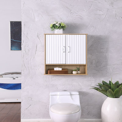 Bathroom Wall Cabinet with Double-Door, Bottom Shelf, Wavy-Patterned Doors, Adjustable Inner Shelf, Easy Installation, White & Natural Wood