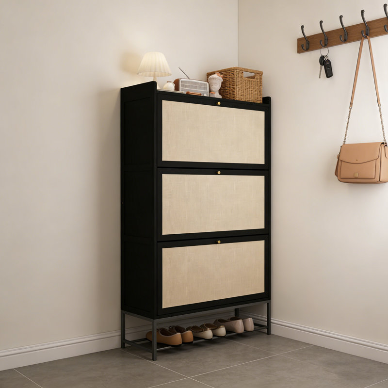 Modern Narrow Flip-Drawer Shoe Cabinet, Black