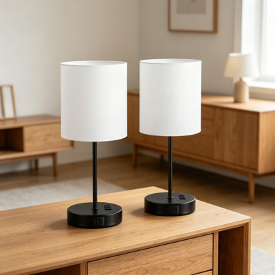 Bedside Lamps Set of 2 with Dual USB Ports and AC Outlet, 3-Way Dimmable Touch Control Nightstand Lamp for Bedroom Living Room, 17.6 Inch Tall Table Lamps with 5000K Daylight Bulbs, White and Black