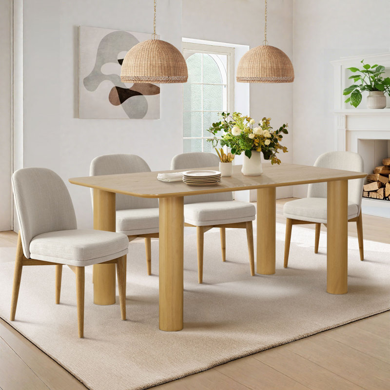 67" Rectangular Solid Oak Wood Pillar Leg Dining Table For 6, Light Oak