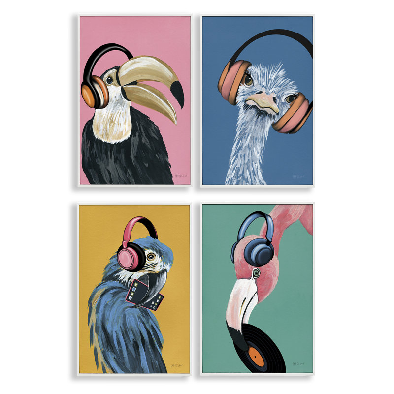  Ensemble de 4 giclées musicales par Tropical Birds, H 24 po x l 16 po, Estampe numérique encadrée blanc bord de mer