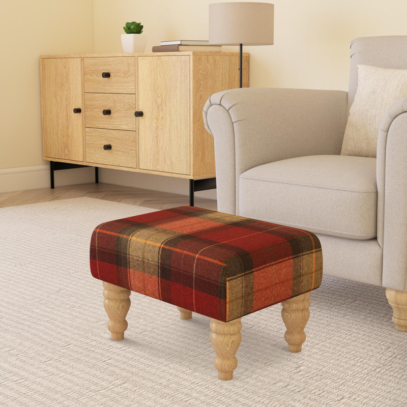 Tartan Material Large Footstools Tartan - Claret Red - Wood Turned Leg, Natural