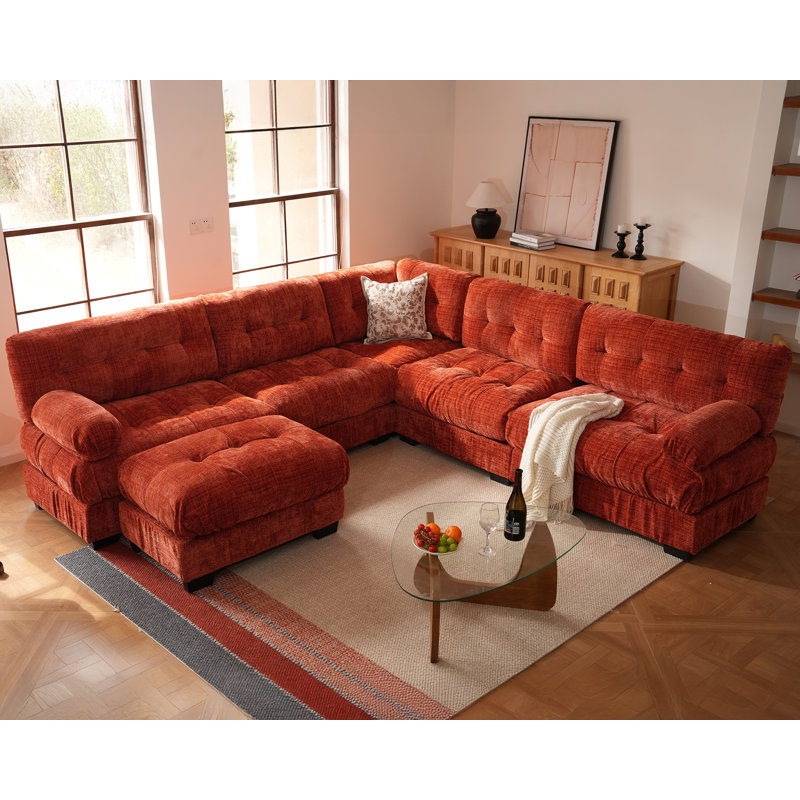 Modular Sectional Couch With Ottoman, 6-Seater Modern U-Shaped Sofa Couches, Comfy Chenille Sofa-Orange, Orange Chenille