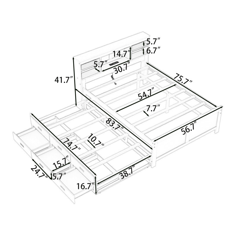 Brinna Wood Platform Bed with 3 Drawers,Storage Headboard,Twin Trundle and USB Ports, Full, Gray