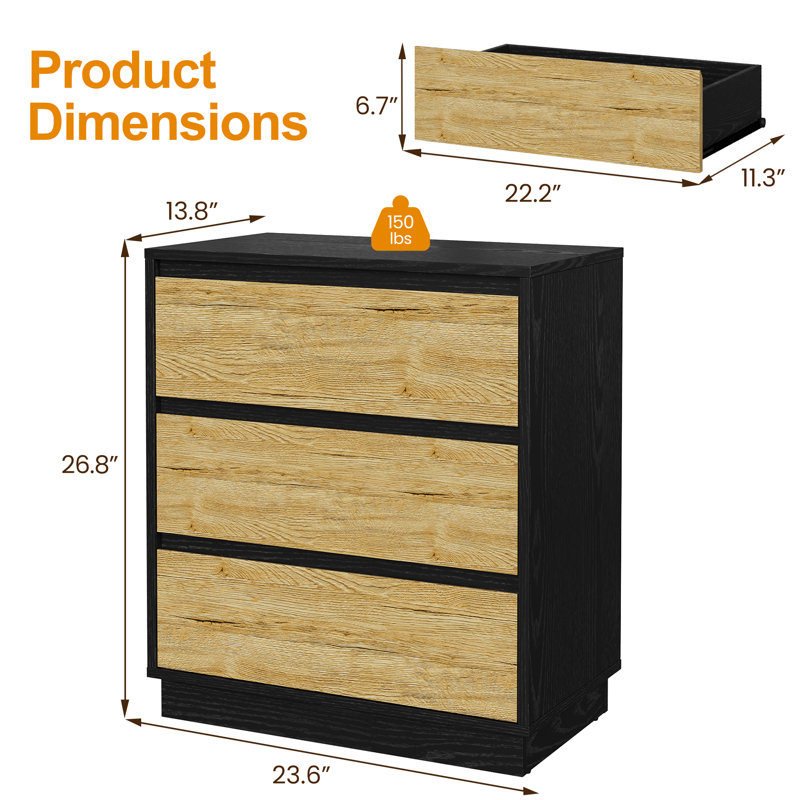 Table de chevet large avec 3 tiroirs (ensemble de 2)