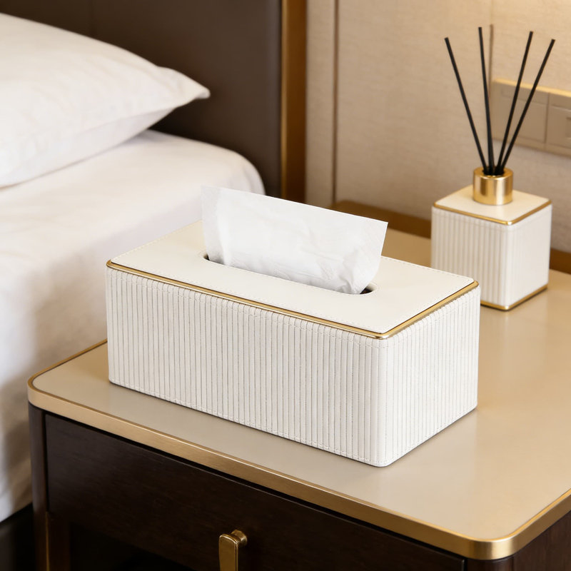 PU Leather Tissue Box Cover With Magnetic Closure, Decorative Rectangular Holder For Standard Kleenex Boxes, Italian-Inspired Design With Gold Trim