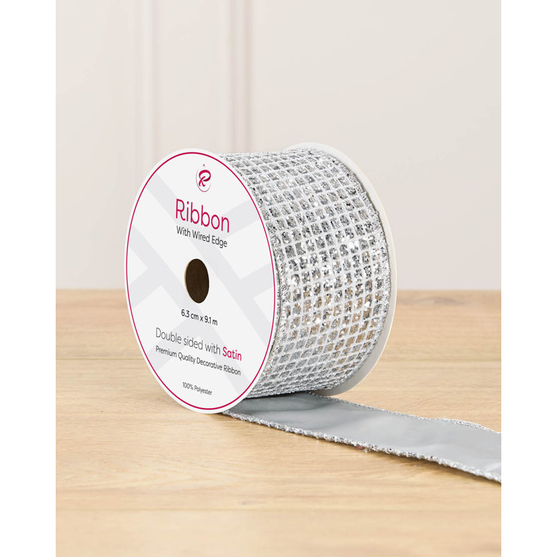 Silver Ice Chip Wire Edge Ribbon, 9m, red