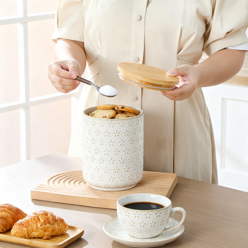 Food Storage Containers, Ceramic Canisters With Airtight Lids, Hexagon Shape For Flour, Sugar, Coffee, Pasta, Cookies, And Tea, 3 Pack, (Flower)